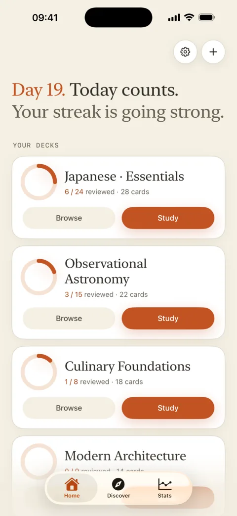 Moku's home screen: a 19-day streak, a week of study dots, and deck cards for Japanese Essentials, Observational Astronomy, and Culinary Foundations.