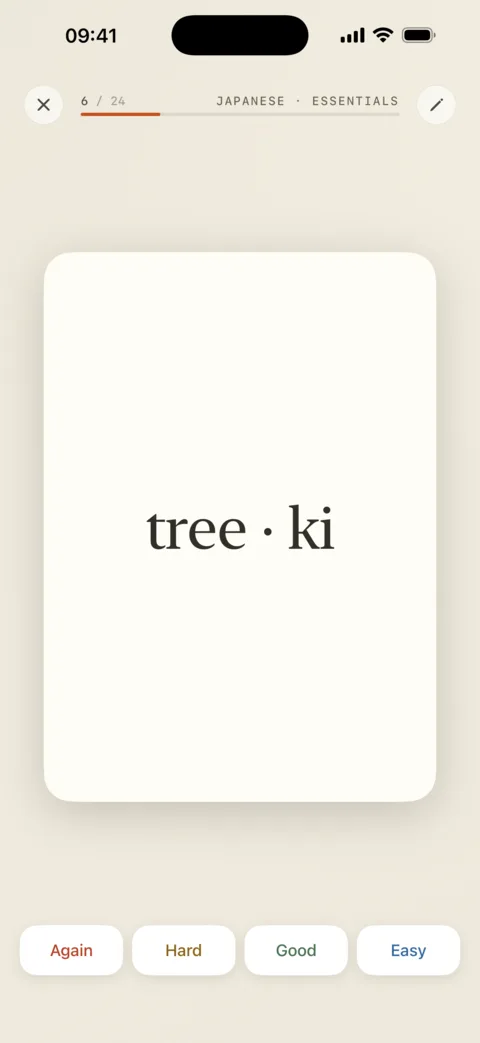 The same card revealed as tree · ki, with Again, Hard, Good, and Easy rating buttons now active.