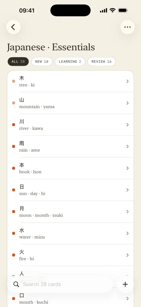 The card browser for Japanese Essentials, filtered by All, New, Learning, and Review, listing cards such as 木 tree · ki and 山 mountain · yama.