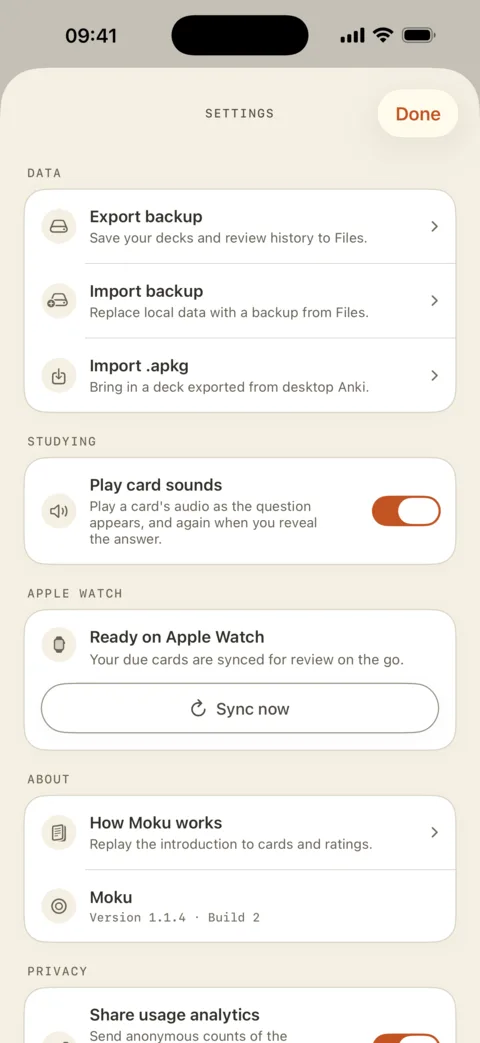Settings offering backup export and import, .apkg import, card sounds, and Apple Watch sync.